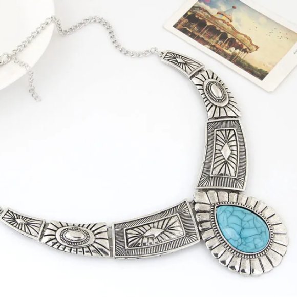 Antique Silver & Turquoise Western Southwestern Bohemian Statement Necklace NEW - Picture 2 of 8